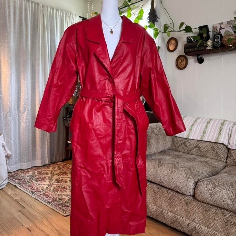 Vintage Comint Red Leather Trench Coat Belted Long Jacket Made in Argentina PP